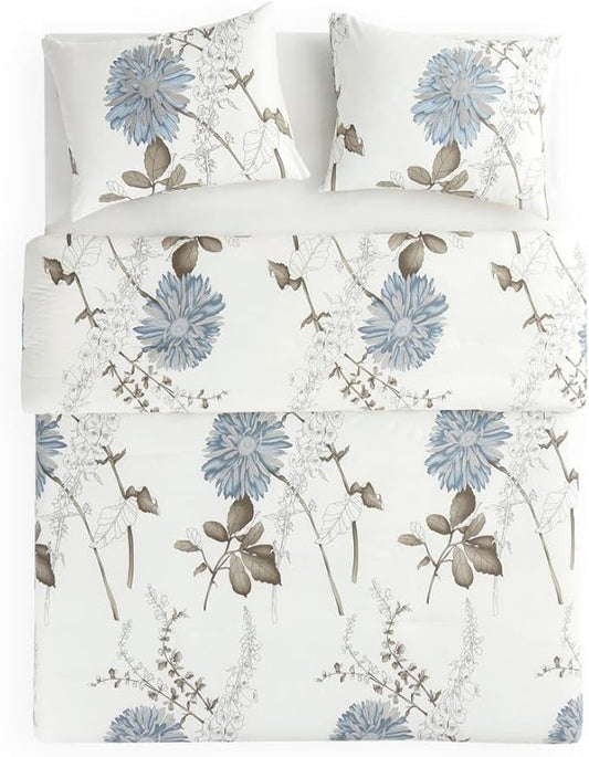 Wake In Cloud - Floral Comforter Set, 100% Cotton Fabric, Vintage Flower Shabby Chic Farmhouse Botanical Cottagecore Sunflower, 3 Pieces Bedding Set, Gray Beige, Twin/Twin XL Size