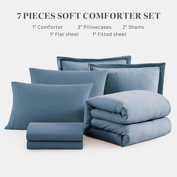 WRENSONGE Queen Comforter Set- 7 Pieces Soft Oxford Blue Bed in a Bag with Fitted Sheet, Flat Sheet, 2 Pillow Shams, and 2 Pillowcases- Warm Bedding Sets Queen for All Season
