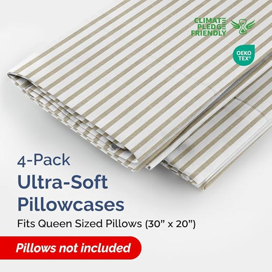 Queen Pillow Cases Set of 4 - Ultra Soft Hotel Quality Pillowcase Covers - Comfy, Cozy & Wrinkle Free - Shrinkage & Fade Resistant - Machine Washable Pillow Protectors - 4 Piece Set - Beige Stripes 2
