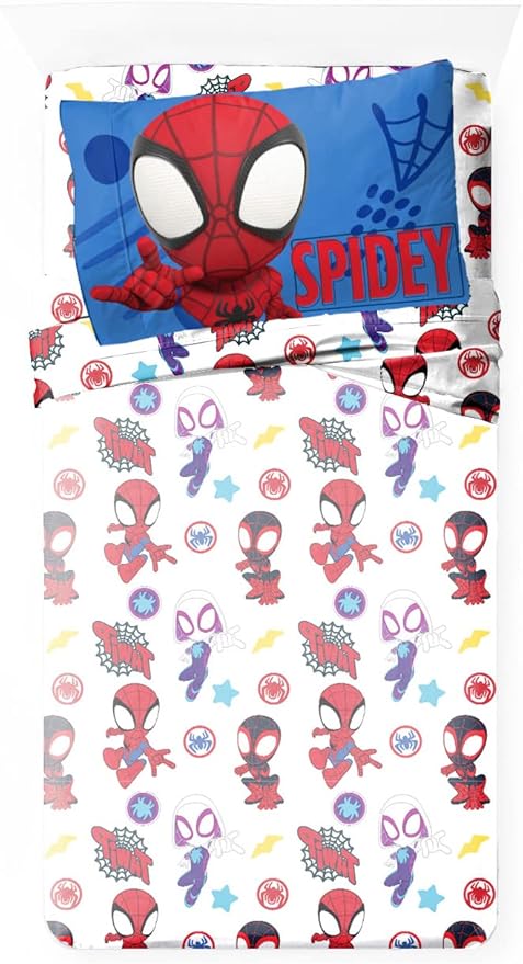 Jay Franco Kids Sheet Set with Fitted, Flat Sheets & Pillow Cover - Ultra-Soft Bedding with Pillowcase for Room Decor, White - Spidey & Friends, 3 Piece Twin
