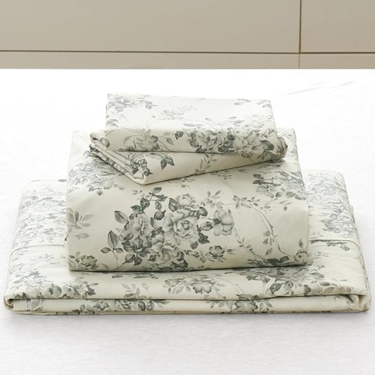 DAUAOTO 100% Cotton Bedding Printed Sheets Set for King Size Bed Up to 14" Deep Mattress, Toile Rose Floral Pattern Bedlinen Sets, Gray