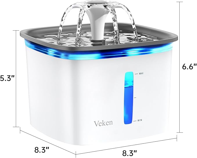Veken Innovation Award Winner 95oz/2.8L Cat Water Fountain | Automatic Pet Fountain Dog Water Dispenser with Replacement Filters & Silicone Mat, Gift for Cats, Dogs, Multiple Pets (Grey)