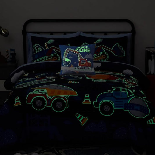 Kids Comforter Set Full Size for Boys, Glow in The Dark Truck Bedding Set 1 Comforter, 1 Decor Pillow, 2 Pillow Shams