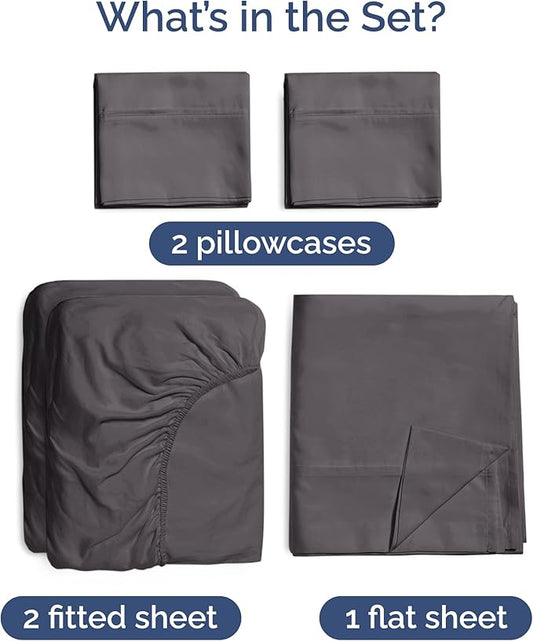 Bed Sheets Split King Size - Cooling Sheets for Split King - 100% Rayon Derived from Bamboo - Ultra Soft Hotel Luxury Bedding - 1 Flat & 1 Fitted & 2 Pillowcases w/ 16 Inch Deep Pockets - Dark Grey