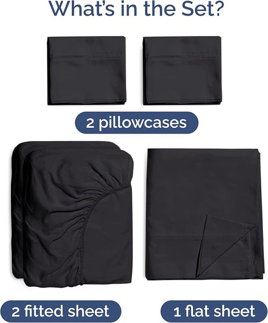 Sheets Split King Size - Cooling Sheets for Split King - 100% Rayon Derived from Bamboo - Ultra Soft, Breathable Hotel Luxury - 1 Flat & 1 Fitted & 2 Pillowcases w/ 16 Inch Deep Pockets - Black
