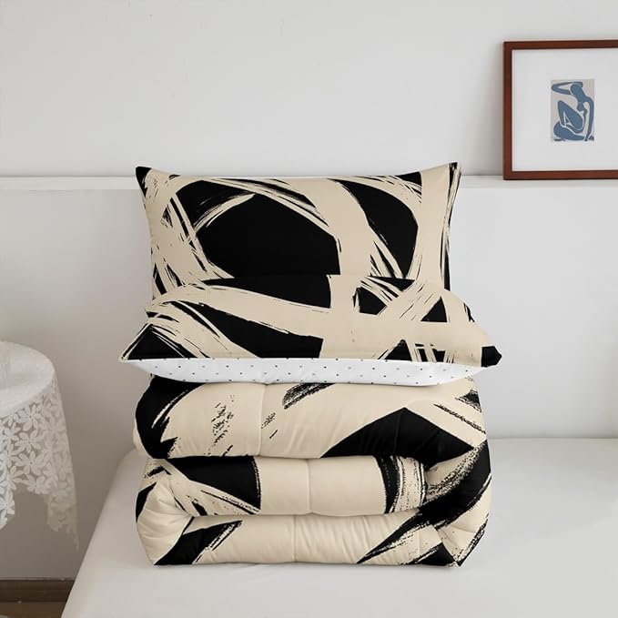 Erosebridal Beige and Black Striped King Bedding Set for Kids Teens Adults, Geometric Striped Comforter Set for Minimalists,Graffiti Aesthetic Lines Duvet Insert,Contemporary Boho Modern Art Quilt
