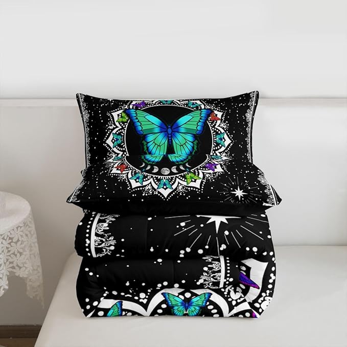 Erosebridal Butterfly Bedding Set King Size Galaxy Duvet Set Starry Sky Comforter Sets Boho Colorful Wild Animals Down Comforter for Moth Moon All Season Mandala Black White Duvet Set