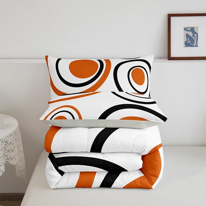 Erosebridal Orange Abstract Twin Bedding Sets for Adult Women Men Modern Geometric Circles Comforter Set Boho Art Aesthetic Striped Quilt Duvet Set Minimalist Black White Abstract Bedding Collections