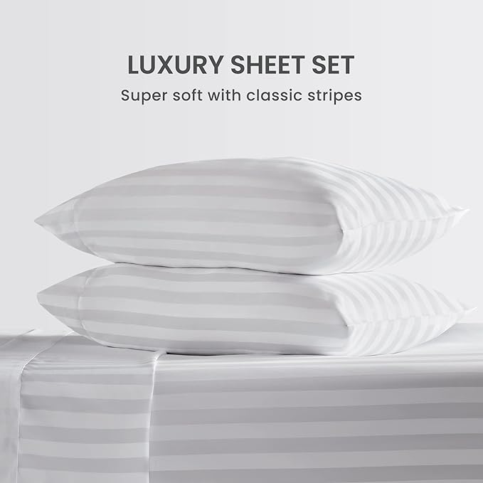 SLEEP ZONE Striped Cooling Sheets Set Full Size - Fitted Flat Sheet & Pillowcase Sets 4 Piece - Super Soft Stripe Bed Sheet, Easy Care, Deep Pocket (White, Full)