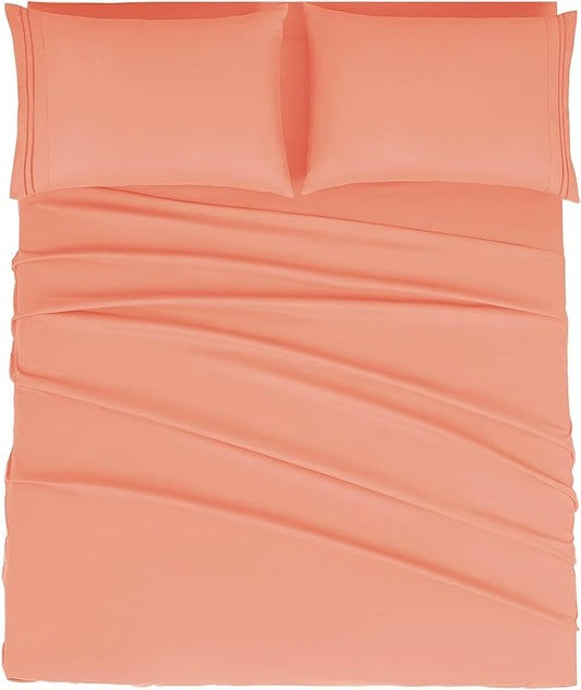 Mejoroom Full Size Sheet Set - Soft Microfiber Bed Sheets - Deep Pocket Fitted Sheet, Breathable, Wrinkle & Fade Resistant - 4 Piece (Full, Coral)