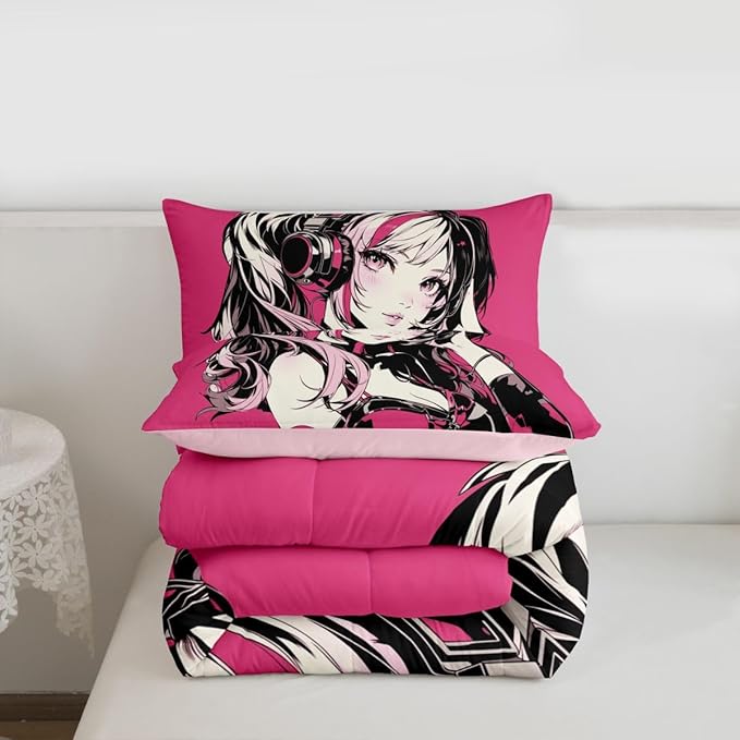 Erosebridal Pink Anime Girls Bedding Cartoon Japanes-Style Comforter Set Full, Graffiti Street Culture Bed Comforter Set for Kids Teens Youth Watercolor Hippie Style Duvet Set 3Pcs