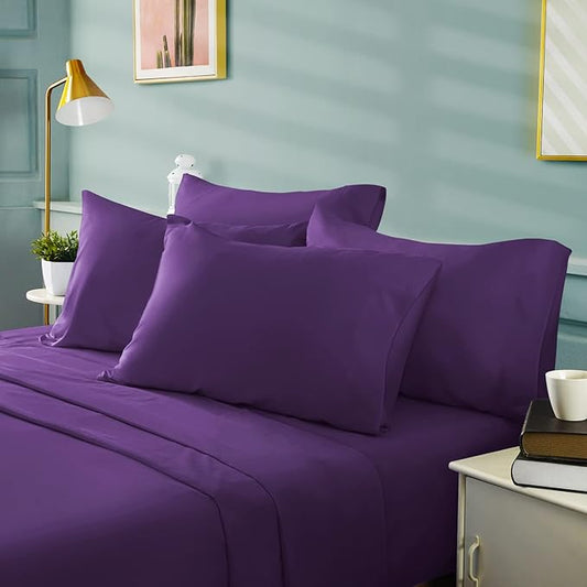BYSURE 6 Pieces Bed Sheets Set(Full, Eggplant Purple) - Hotel Luxury Super Soft 1800 Thread Count 100% Microfiber Sheets with Deep Pockets, Wrinkle & Fade Resistant