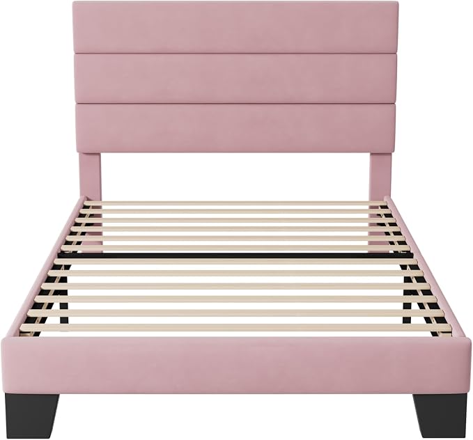 Allewie Twin Size Platform Bed Frame with Velvet Upholstered Headboard Pink | Wooden Slats Support, Fully Upholstered Mattress Foundation, No Box Spring Needed, Easy Assembly, Noise-Free, Pink