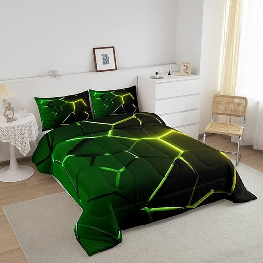 Honeycomb Comforter Green Yellow Hexagonal Print Bedding Set for Kids Boys Girls Children Beehive Geometrical Comforter Set Ultra Soft Decor Reticulated Duvet Set Toddler Size
