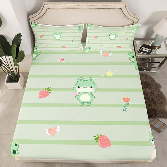 Castle Fairy Cute Frog Sheet Set King Size,Pink Strawberry Sweet Fruits Bedding (1 Fitted Sheet +1 Flat Sheet +2 Pillowcases),Light Green Frogs Stripes Sheet Soft Comfortable - 4 Piece