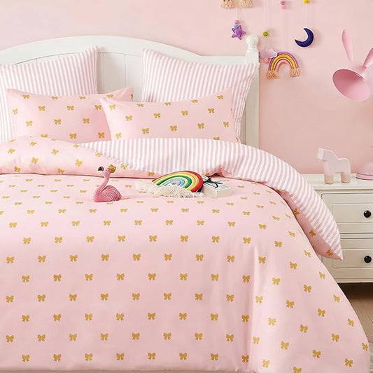 Pink Comforter Set Full Gold Bow Bedding Set for Girls Kids, Reversible Pink White Wide Striped Pattern, Coquette Comforter 3 Pieces, with 2 Pillowcases, Soft 100% Microfiber