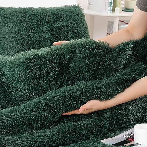 Smoofy Fluffy Queen Comforter Set, Dark Green Faux Fur Comforter Set 3 Pcs