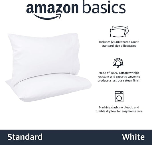 Amazon Basics 400 Thread Count Cotton Pillowcases, Standard, 30" L x 20" W, White - Set of 2, Pillows Not Included