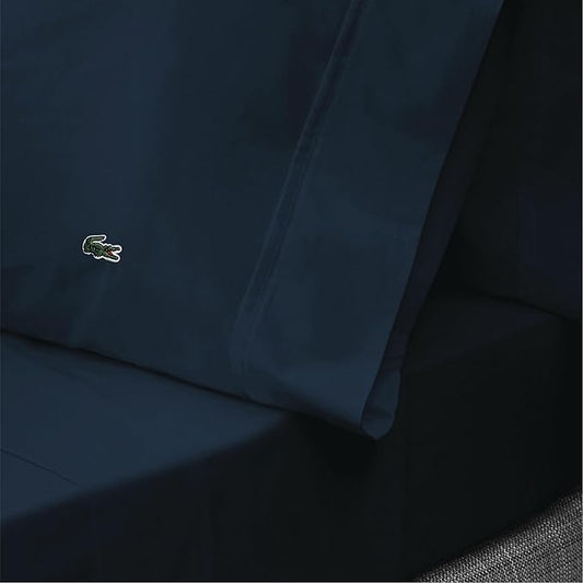 Lacoste 100% Cotton Percale 4-Piece Sheet Set – Cool, Crisp, Matte, and Durable, Oeko-Tex Certified – Solid, Navy, King