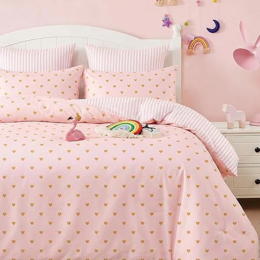 Pink Comforter Set Full Gold Heart Bedding Set for Girls Kids, Reversible Pink White Wide Striped Design, Cute Coquette Comforter 3 Pieces, with 2 Pillowcases, Soft 100% Microfiber