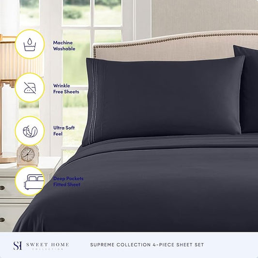 Full Size Sheet Sets - Breathable Luxury Sheets with Full Elastic & Secure Corner Straps Built In - 1800 Supreme Collection Extra Soft Deep Pocket Bedding Set, Sheet Set, Full, Navy