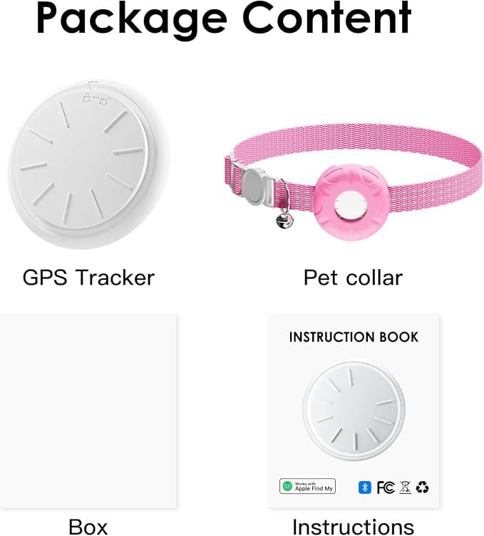 Cat Tracker, GPS Tracker Compatible with Apple Find My App(Only iOS),Cat Tracker Collar with Bell and Safety Elastic Buckle,No Monthly Fee,Territory & Location History,Pink