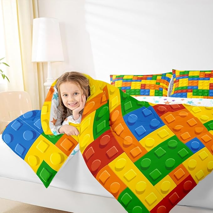 Feelyou Games Comforter Set Twin Size Building Blocks Bedding Set for Kids Boys Girls Colorful Geometric Toy Brick Comforter Gaming Nursery Quilt Duvet Set with 1 Pillowcase Boys