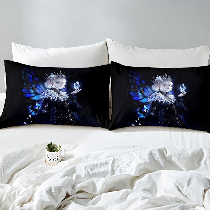 Erosebridal Gothic Girls Fitted Sheet for Boys Girls Kids A Girl Wearing A Crown Full Bed Sheets,Butterfly Diamond Feather Print Sheets Coquette Princess Bedding Sets, No Top Sheet