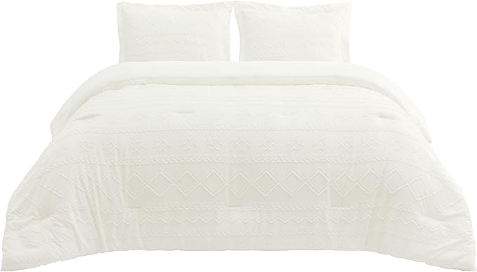 Bedsure Tufted Boho Comforter Set Queen Size - White Boho Bed Set, GentleSoft™ 3 Pieces Farmhouse Shabby Chic, Home Decor Bedding, Gifts for Woman, Soft Jacquard Queen Comforter for All Seasons