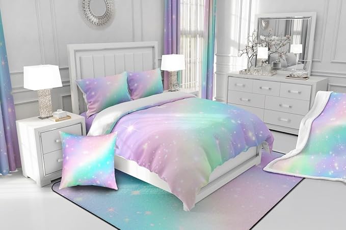 Ombre Rainbow Bedding Sets King Size Golden Stars Comforter Girls Tie Dye Duvet Insert Pink Purple Blue Princess Bedding Colorful Pastel Art Bedding Sets & Collections Sweet Bedroom Decor, Soft Warm