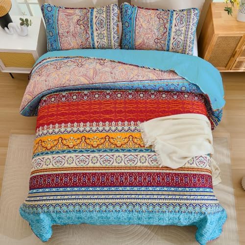 WONGS BEDDING Boho Quilt Full Size,3 Pcs Bedspread Bedding Set, Orange Blue