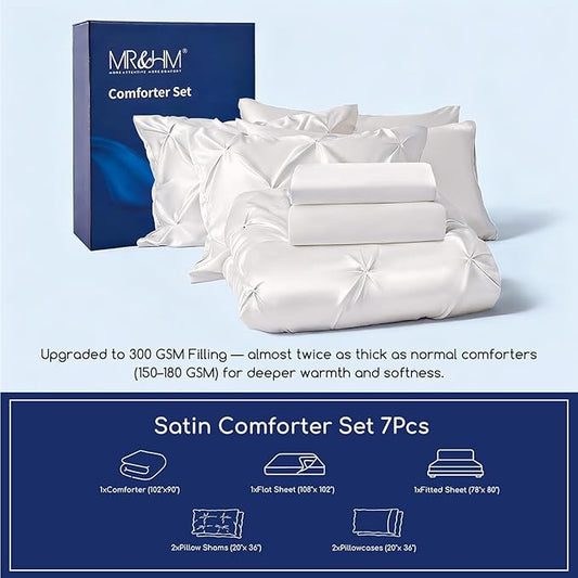 MR&HM Satin Comforter King 7 Pieces - Luxurious Pinch Pleat Bedding Set with Comforter, Flat Sheet, Fitted Sheet, Pillowcases & Shams, Super Silky Soft Bed Set for All Season (King, Ivory)