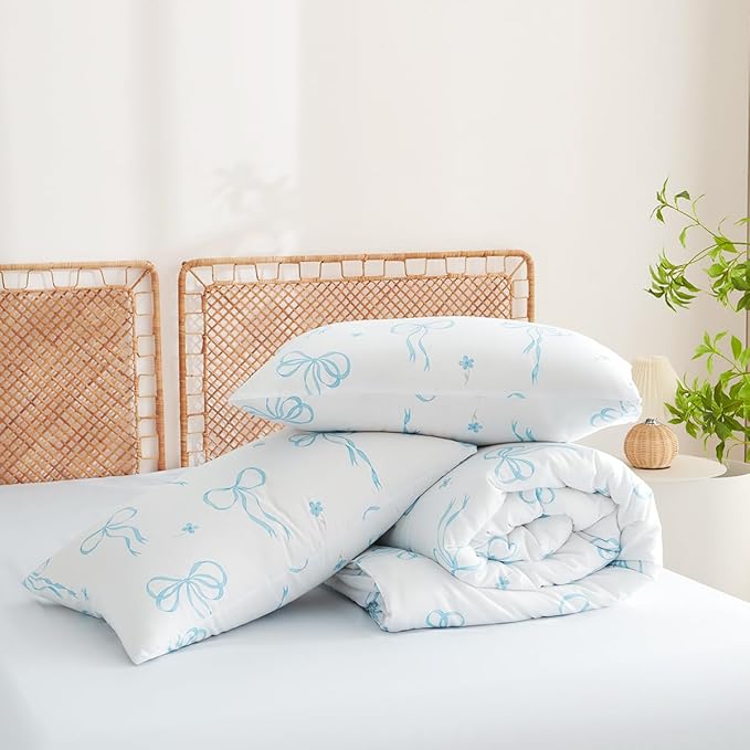 Queen Comforter Set White - Blue Bow Comforter Set Queen Size, Quilt Bedding Set 3 Pieces, Soft Lightweight Comforter(90‘’ x 90‘’) for Girl All Season & 2 Pillow Cases(30‘’x20‘’)