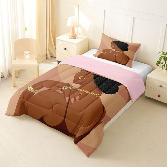 Erosebridal Fashion Black Woman Comforter Set Twin Size 2 Piece Romantic Makeup Themed Girls Bedding Set Fashionable Gorgeous Down Comforter Vogue Afro Girls Duvet Insert for Kids Teens Adult Bedroom