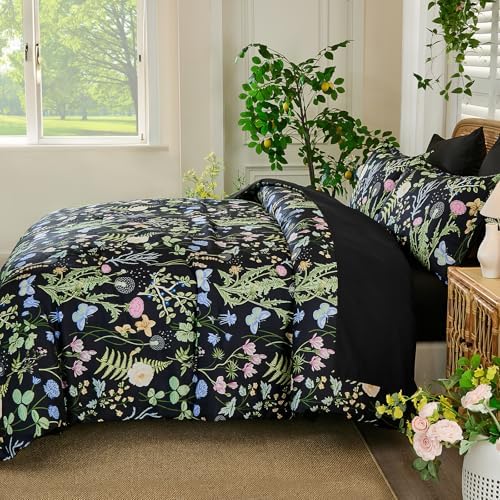 Black Green Floral Comforter Set Queen Size, 7 Piece Botanical Bedding Set