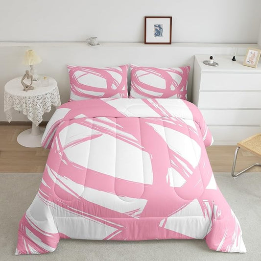Erosebridal Pink and White Abstarct Queen Comforter Set for Adult Women Men, Geometric Striped Bedding Set for Minimalists,Graffiti Aesthetic Lines Quilt,Contemporary Boho Modern Art Duvet Insert