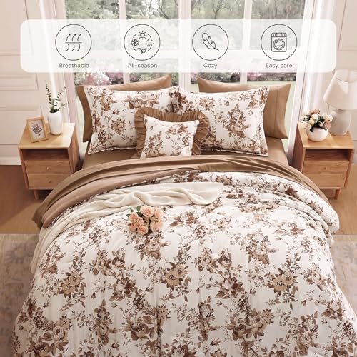 BLOOMHAVEN Queen Comforter Set-7 Pieces Brown Floral Bed in a Bag Queen