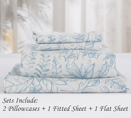DAUAOTO Cotton Sheets Set King Size 4 Pieces Flower Bedding Sets, Aqua Blue Floral Pattern, Up to 14" Deep