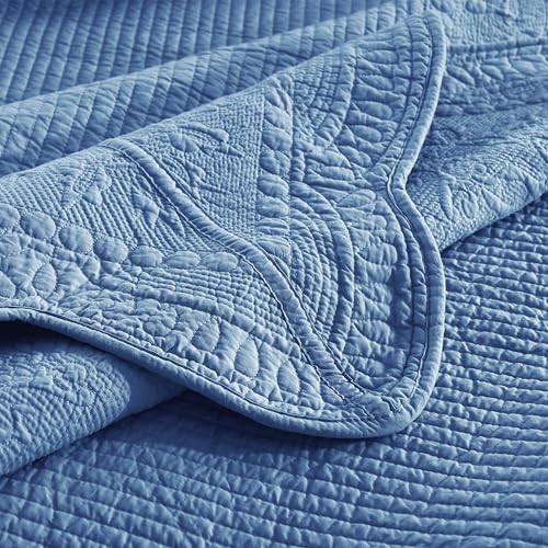MarCielo 3-Piece 100% Cotton Oversized Bedspread Lightweight Quilt Coverlet Embroidery Farmhouse Bedding Set (TG Midtone Blue, Oversized King (118"x106"))