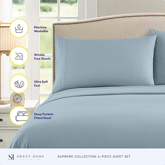 1800 Supreme Collection - Breathable Luxury Full Size Sheet Set with Full Elastic & Secure Corner Straps Built In, Extra Soft Deep Pocket Bedding, Misty Blue