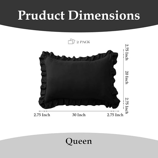Ruffle Pillow Cases Queen Size Set of 2 โ Soft Wrinkle Resistant Brushed Microfiber Ruffled Pillowcases โEnvelope Pillow Shams Cover Festive Gift for Hotels,Guest Rooms 20x30 Inch (Black)