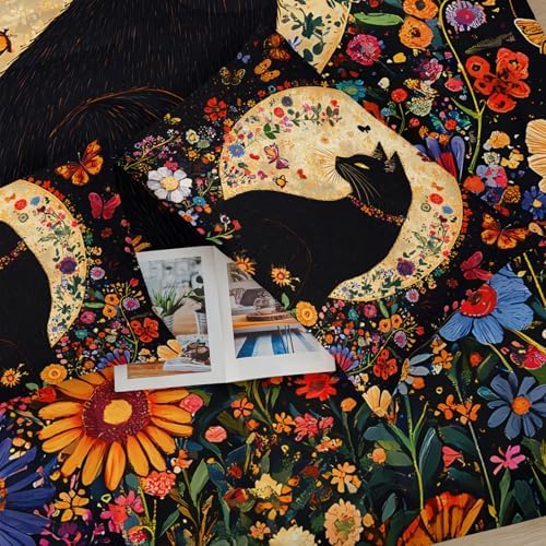 Black Cat Bedding Cartoon Cat Comforter Set Queen,Floral Bedding Queen Size Bed ,with 1 Comforter with 2 Pillow Case