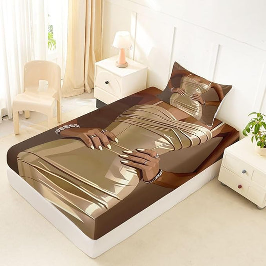 Erosebridal Fashion Black Woman Fitted Sheet for Kids Vogue Black Girls Twin Bedding Set Fashionable Gorgeous Bed Sheets for Girls Women Teens Romantic Fashion Theme Sheets with 1 Pillow Case