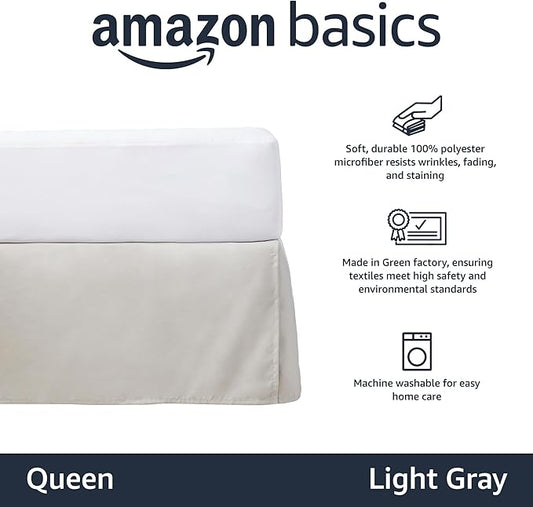Amazon Basics Lightweight Pleated Bed Skirt, Machine Washable, Wrinkle and Fade Resistant, Queen, Light Grey, 16-Inch Drop