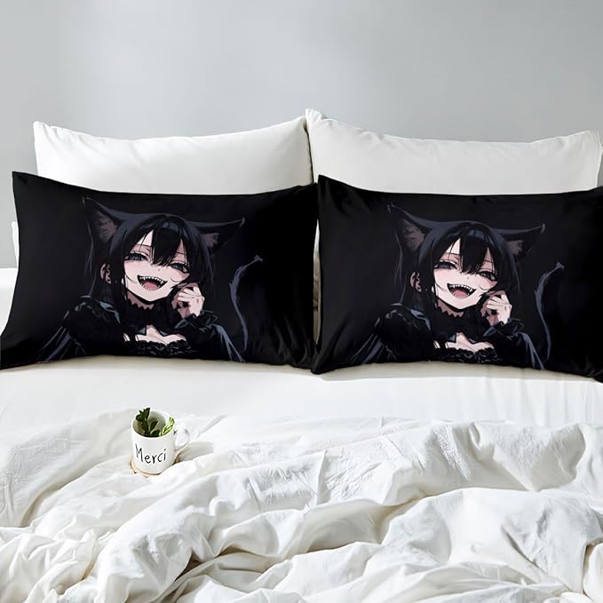 Erosebridal Anime Girl Full Bed Sheets for Kids Boys Girls 3D Japanese Fitted Sheet,Gothic Style Cat Girls Bedding Sets Cool Anime Gift Sheets with 2 Pillowcases