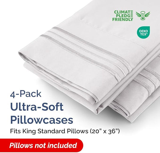 King Standard Pillow Cases Set of 4 - Soft Hotel Quality Pillowcase Covers - Comfy Bedding for Women, Men, Kids & Teens - Machine Washable Pillow Protectors - 4 Piece Set - King Standard French Grey