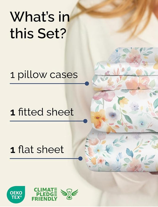 Floral Sheets - Flower Print Bed Sheet Set - 1 Flat, 1 Fitted & 1 Pillowcase w/ Deep Pockets - Comfy, Cozy, Wrinkle & Fade Free - Boho Botanical Bedding - Soft, Breathable & Cooling - Twin XL Size Set