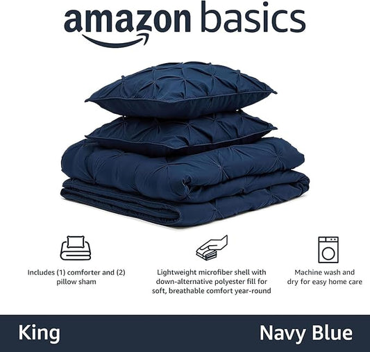 Amazon Basics Soft, Lightweight King Size Comforter Sets, All-Season Down-Alternative 3-Piece Bedding Set, Pinch Pleat Design, Navy Blue