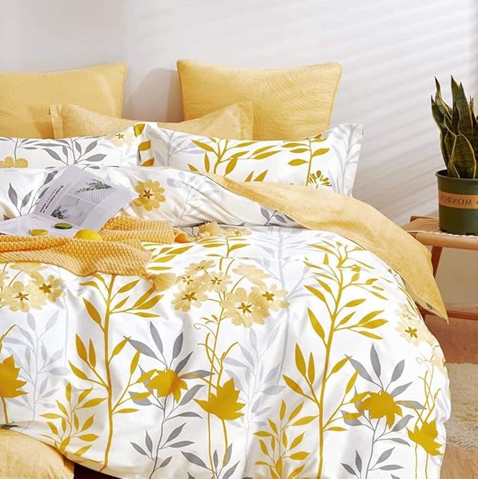SLEEPBELLA Duvet Cover Set 600 Thread Count White Floral Cotton Bedding Set (Full, Yellow & White Botanical)