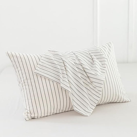 MooMee Bedding Pillowcases Striped Pack of 2 100% Washed Cotton Linen Like Textured Breathable Durable Soft Comfy (White Dark Grey Wide Stripes, Standard)